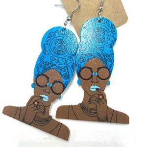 African Head Wrap Wooden Dandle Earrings